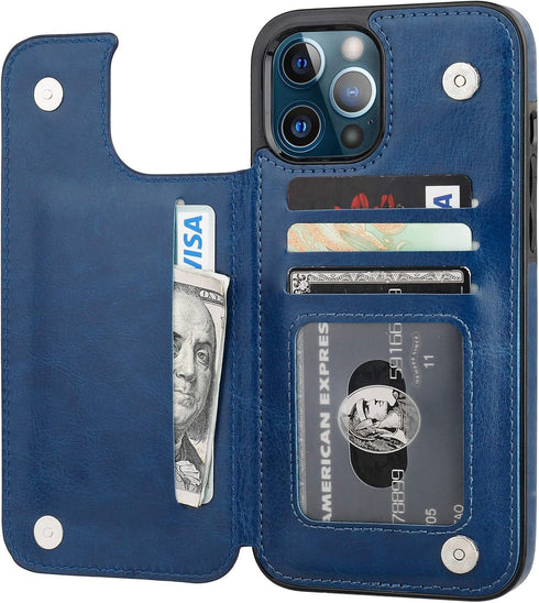 ONETOP iPhone 12 Pro Max Wallet Case with Card Holder, PU Leather Kickstand, Double Magnetic Clasp, 6.7 Inch (Blue)