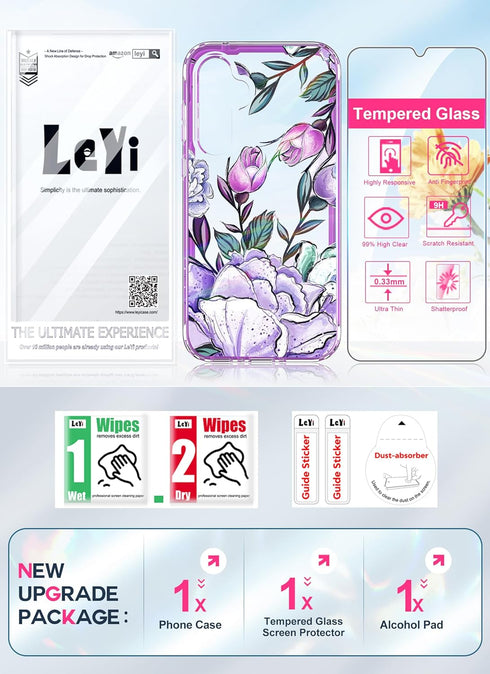 LeYi Dual Layer Exquisite Cute Flower Floral Pattern Full Body Protective Rugged Shockproof Case for Samsung Galaxy