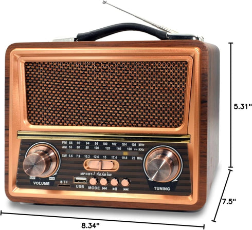 Retro Vintage Bluetooth Radio, Portable AM FM SW Radio with Best Sound, 1200mAh Rechargeable Battery Operated, Loud
