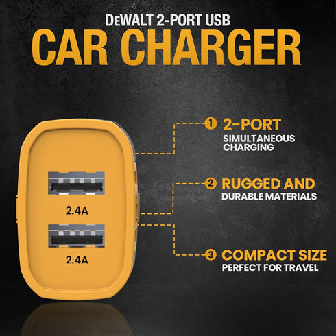 DEWALT 2-Port USB Car Charger, 24W Fast Charge Dual Port USB-A for iPhone 14 13 12 11 Pro Max X XR XS 8 Plus 6s
