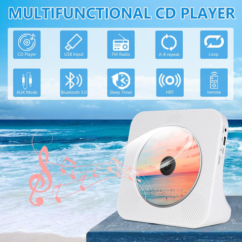 Portable CD Player for Home, Bluetooth CD Player with Speakers, FM Radio, Timer, AUX Jack, USB Input, LCD Screen