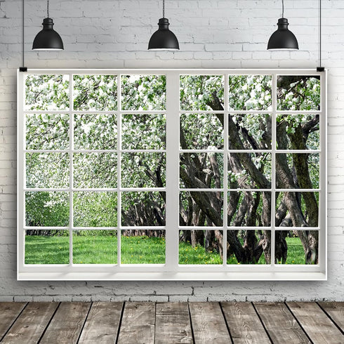 Renaiss 6x4ft White Flowers Trees Window Backdrop for Photoshoot, Spring Scenery Photography Background