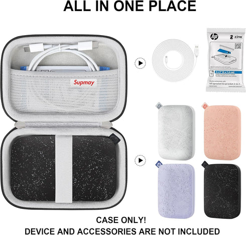 Hard Carrying Case for HP Sprocket Portable 2x3 Instant Color Photo Printer, Wireless Bluetooth Portable Printer, Storage Holder Bag with Mesh Pocket for Photo Paper, USB Cable, Black