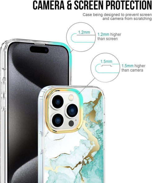 BAISRKE iPhone 15 Pro Clear Case (6.1") - Slim Shockproof Green Marble, includes 2 Screen Protectors & 1 Camera Lens