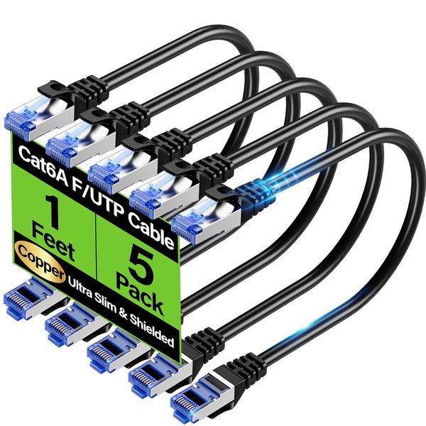 TuokaJu Cat6A Ethernet Cable Shielded 10Gbps 1 ft (5 Pack), Slim Shielded (F/UTP)
