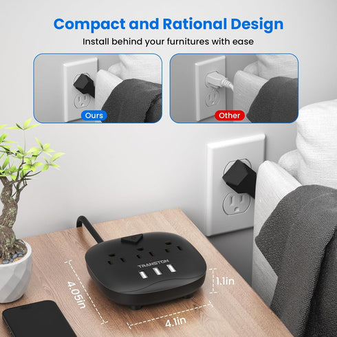 Power Strip with 3 Outlets and 3 USB Ports, Desktop Charging Station with 5 ft Extension Cord - Black