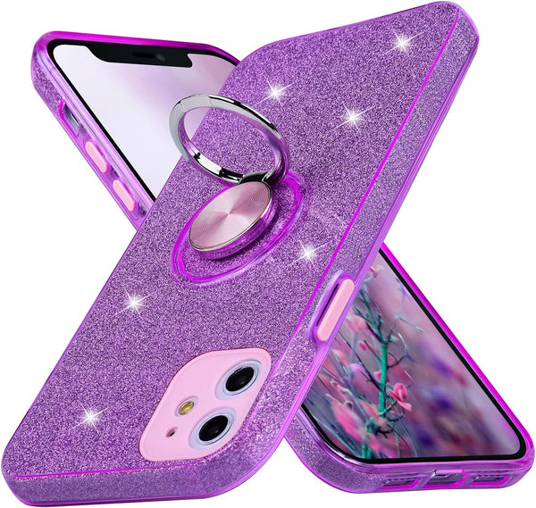 Wisdompro Glitter Case for iPhone 11, Purple, with Ring Holder Kickstand for Women Girls