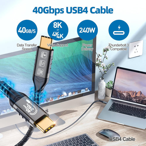 USB4 Cable 5ft - 240W Charging (40Gbps, 240W, 8K Video), Compatible with Thunderbolt 4/3 USB C to USB C for MacBook