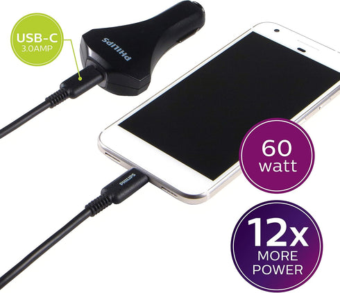 Philips 60W USB-C Laptop/Phone/Tablet Car Charger, Power Delivery for Type C Devices, Great for Travel DLP2759Q/37