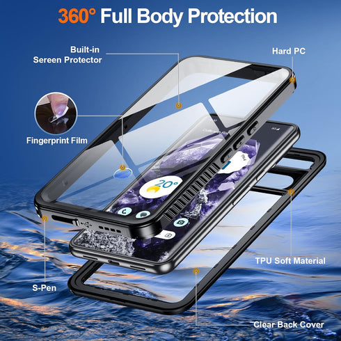 Hualele Pixel 8 Waterproof Case IP68, Rugged Full Body Sealed Heavy Duty Shockproof Case with Built-in Screen and Lens