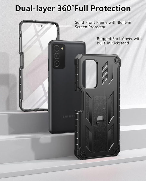 Samsung Galaxy A03S Phone Case, Built-in Hard Kickstand & Touch Protector, Military Shockproof TPU Cover - Black