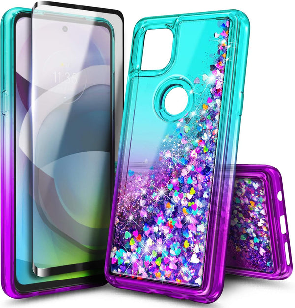 NZND Case for Motorola One 5G Ace - Tempered Glass Screen Protector, Sparkle Glitter Flowing Liquid Case