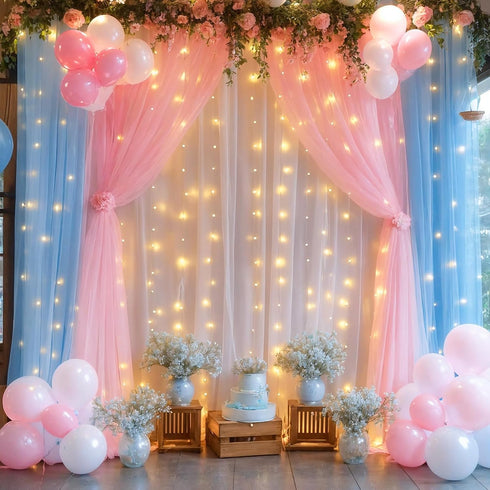 Suppromo 2 58ft Pink Blue Sheer Tulle Backdrop Curtains with Lights String for Gender Reveal Baby Shower Decorations