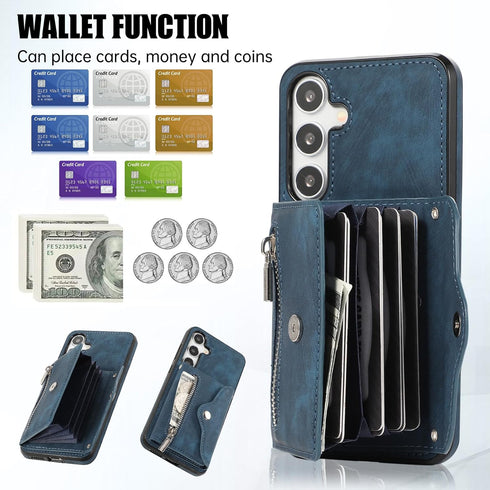 Phone Case for Samsung Galaxy S24 5G - Wallet Cover with Tempered Glass Screen Protector, Blue