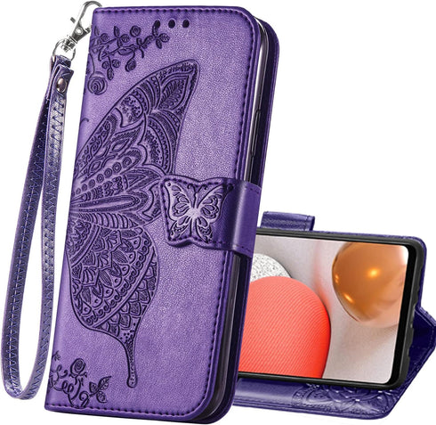 PU Leather Wallet Flip Phone Case with Wrist Strap, Card Slots Holder, Emboss Butterfly Flower Stand Case for Samsung