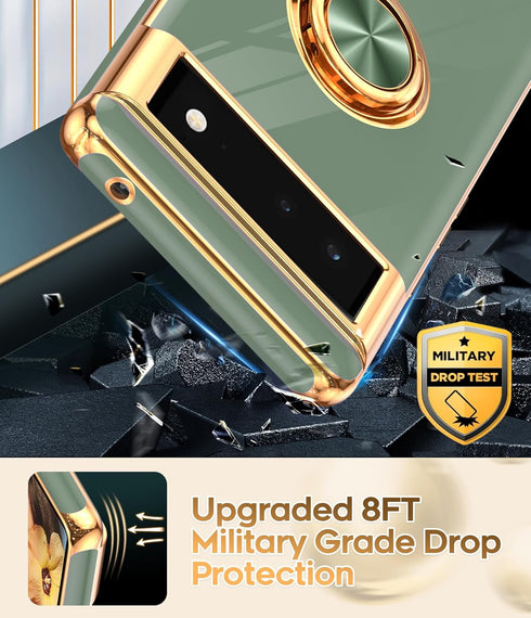 LeYi Google Pixel 6 Case: L-Green, Plating Rose Gold Edge, 360° Rotatable Ring Holder & Magnetic Kickstand.