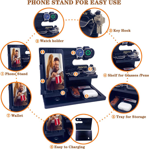 VEIYAILU Gifts for Dad Men Mom Women from Daughter Son Birthday Gifts Nightstand Organizer Mens Wood Phone Docking