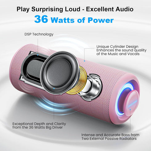 MIATONE Portable Bluetooth Speaker, 36W Stereo Sound, Bass Boost, Bluetooth 5.3, TWS Pairing, Pink