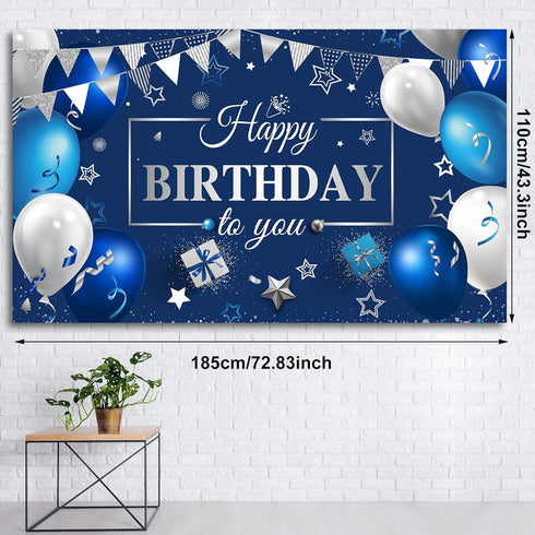 Sumind Happy Birthday Decorations Backdrop Banner, Navy Blue and Silver Party Decoration Sign for Men Women, 72.8 x