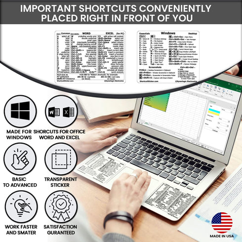 SYNERLOGIC Windows + Word/Excel Quick Reference Guide Keyboard Shortcut Stickers, No-Residue Vinyl (Clear/Small/Combo)