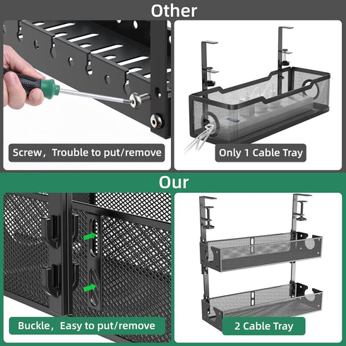 Multi-Model Under Desk Cable Management Tray 2 Packs, Metal Wire Management Clamp for No Damage to Desk (Black)