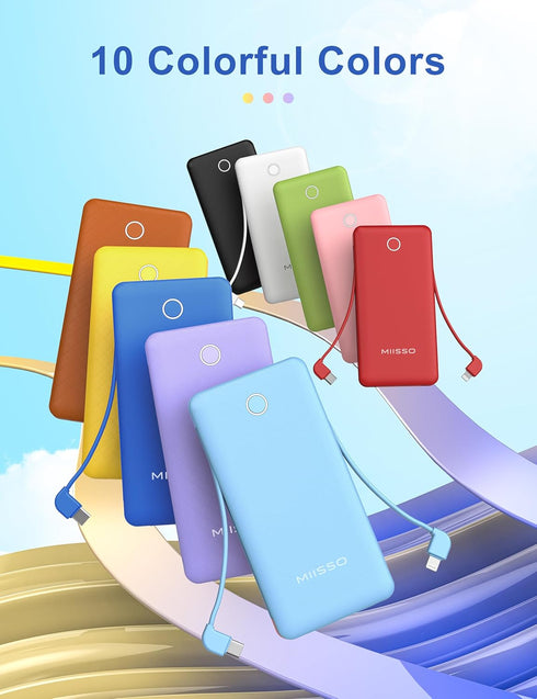 miisso 10000mAh Slim Portable Charger with Built-in Cable, Travel Power Bank for Phone, 4 Output USB Type C