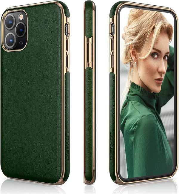 LOHASIC Luxury Leather iPhone 11 Pro Case – Slim Designer PU Cover with Electroplated Frame, Dark Green