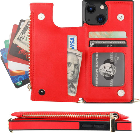 Bocasal Crossbody Wallet Case for iPhone 13, Magnetic Flip Folio Purse with RFID Blocking Card Slot, 6.1 Inch (Red)