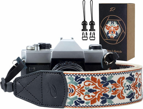 Padwa Lifestyle Camera Strap - 2" Retro Jacquard Embroidery Adjustable Strap for DSLR/SLR Cameras (White)