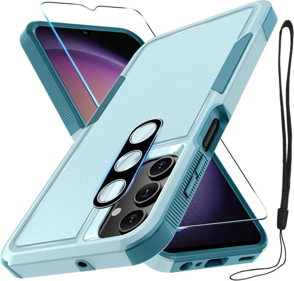 Samsung Galaxy A15 5G Case, Full Body Heavy Duty Rugged Shockproof Cover with Lanyard Strap, Mint Green, Tempered Glass