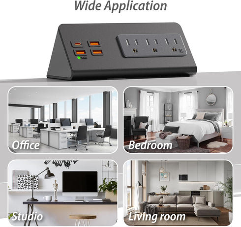 Upgraded Edge Mount Power Strip with USB-C Ports, Tabletop Surge Protector, 3 AC Outlets & 4 Fast Charging USB Ports