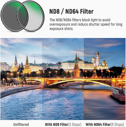 NEEWER 72mm Lens Filter Kit, ND8 ND64 CPL Filter Set, Nano Coating/HD Optical Glass/Water Repellent/Scratch Resistant