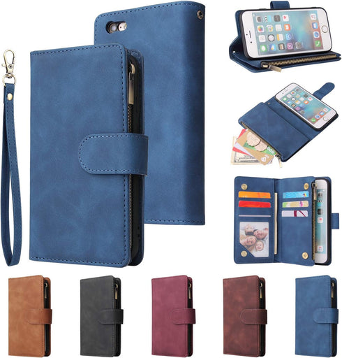 UEEBAI Wallet Case for iPhone 6/iPhone 6S - PU Leather Magnetic Closure Handbag with Zipper Pocket, Blue