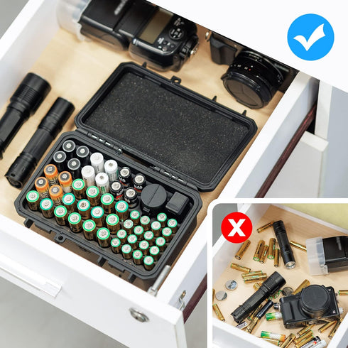 KIWIFOTOS 58 Slots Battery Case Holder with Tester, IP67 Waterproof Outdoor Storage Organizer for AA AAA Batteries