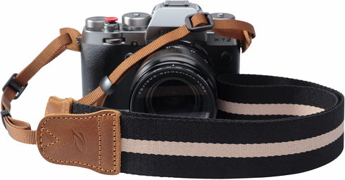 Padwa Lifestyle Black Striped Camera Strap - Vintage Crazy Horse Cowhide & Cotton, 1.5" Wide, Adjustable for DSLR