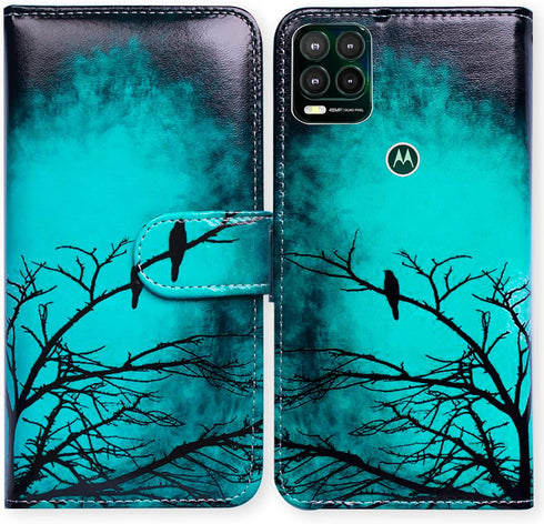 Black Bird Green Leather Flip Case for Moto G Stylus 5G, Wallet Cover with Card Slot Holder, Not Fit G Stylus 4G