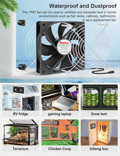 Wathai 120mm x 25mm Waterproof Small Box Fan IP67 12V with AC Plug Speed Controller for Biltong Box, Aquarium