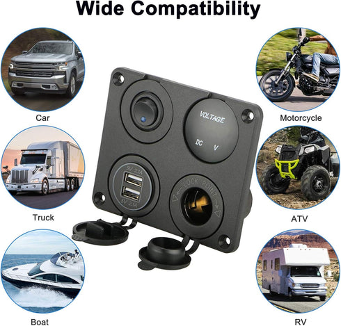 Linkstyle 4 in 1 Charger Socket Panel, 12V Dual USB Charger Socket & LED Voltmeter for Car & Marine