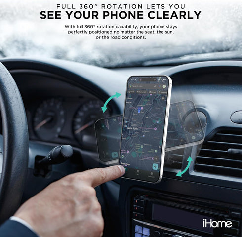 iHome 360 Air Vent Clip Car Mount, Rotation, Secure Fit, Adjustable Grip (Magnetic Air Vent)