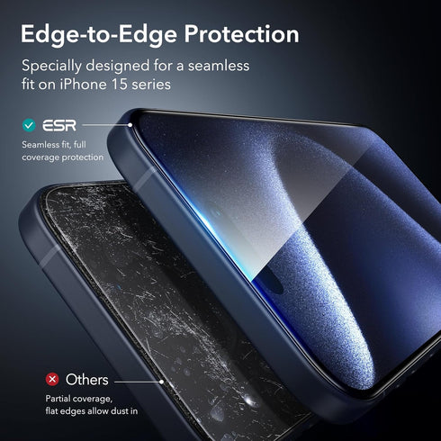 ESR iPhone 15 Pro Screen Protector 3 Pack - Black Edge Tempered Glass, 2.5D Curved, Full-Coverage, Scratch Resistant.