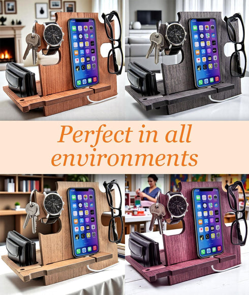 Greta Oto Wood Phone Docking Station for Men | Nightstand Bedside Desk Organizer | Best Personalized Idea for Father's