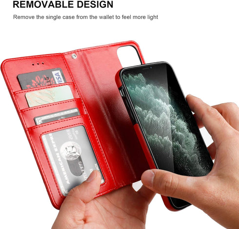 Bocasal Wallet Case for iPhone 11, PU Leather Magnetic Detachable Kickstand with Card Holder (Red)