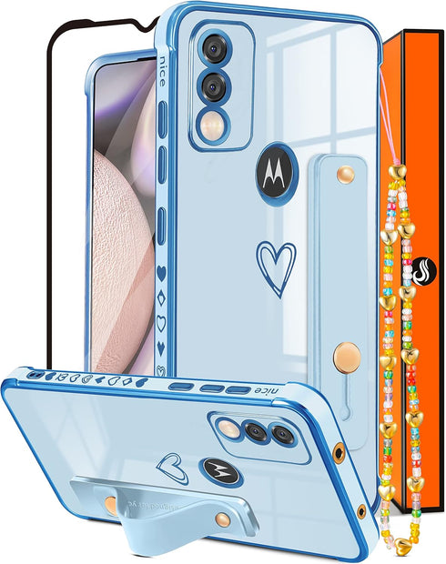 Likiyami 3in1 Heart Women Girls Phone Case for Motorola Moto G Pure 2021, Blue and Gold with Stand