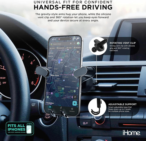 iHome 360 Universal Gravity Air Vent Phone Mount, Rotation, Adjustable Support, Stable Clip