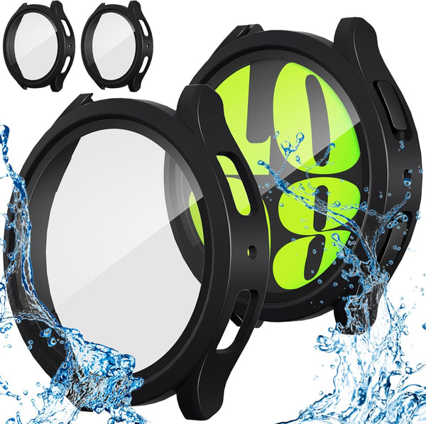 Suoman 2-Pack Waterproof Case for Samsung Galaxy Watch 6 44mm, Hard PC Bumper with Tempered Glass Protector