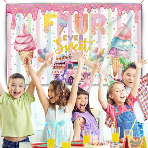 xuanflyF 4th 4th Ice Cream Birthday Party Decoration, Ice Cream Birthday Backdrop Banner, Four Ever Sweet Birthday
