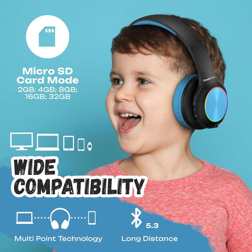 PowerLocus PLED Kids Bluetooth Headphones, Wireless Headphones with LED Lights, 74/85/94dB Safe Volume, Micro SD, AUX