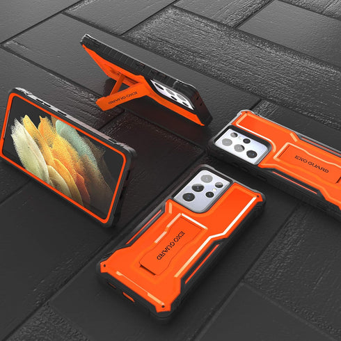 ExoGuard for Samsung Galaxy S21 Ultra 5G Case, Rubber Shockproof Full Body Cover with Built-in Kickstand