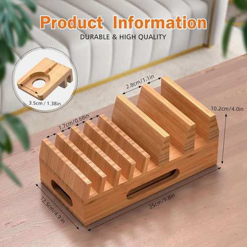 Pezin & Hulin Bamboo Charging Station Organizer for Multiple Devices & Wood Desktop Docking Stand for Cell Phone,