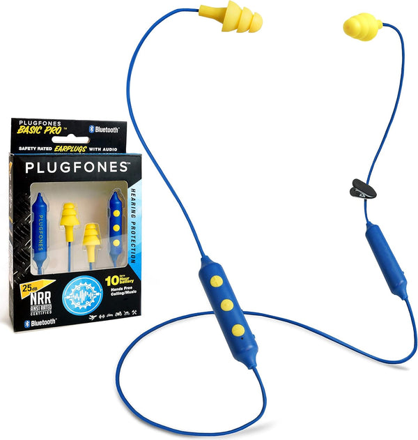 Plugfones Basic Pro Wireless Bluetooth Earbuds - Noise Reduction Headphones with Mic and Controls (Blue & Yellow)